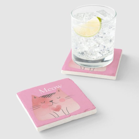 Pink Meow Cat Stenen Onderzetter (Zijkant)