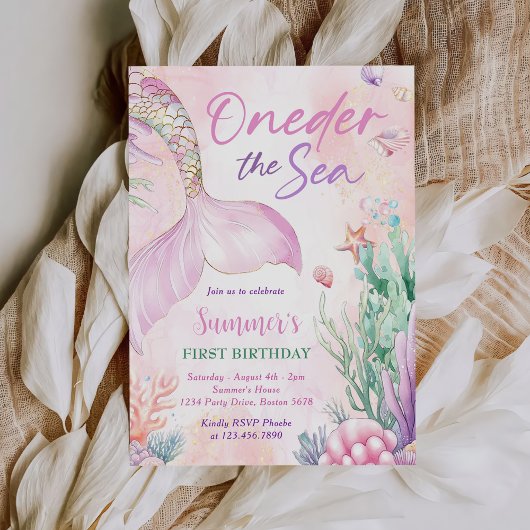 Pink Mermaid 1st Birthday Oneder the Sea Party Kaart