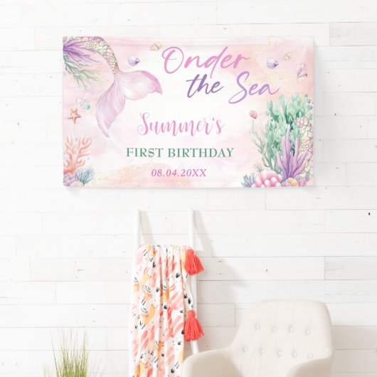 Pink Mermaid 1st Birthday Oneder the Sea Party Spandoek (Insitu)