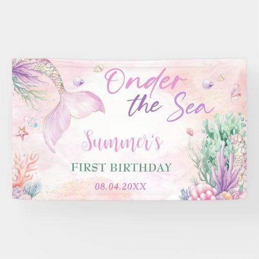 Pink Mermaid 1st Birthday Oneder the Sea Party Spandoek (Horizontaal)