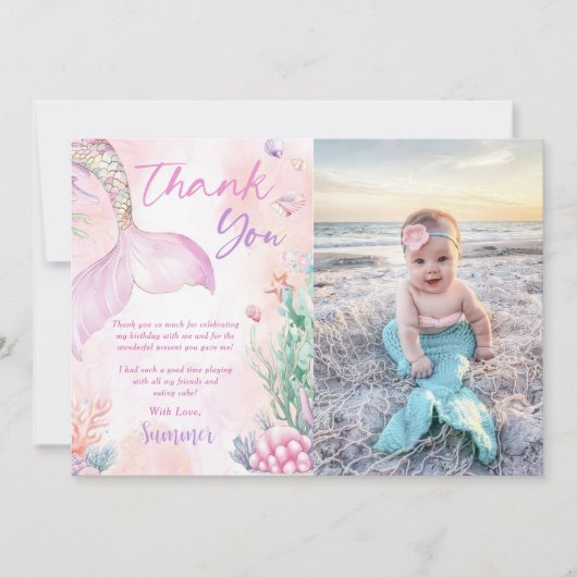 Pink Mermaid 1st Birthday Oneder The Sea Photo Bedankkaart (Voorkant)
