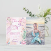 Pink Mermaid 1st Birthday Oneder The Sea Photo Bedankkaart (Staand voorkant)