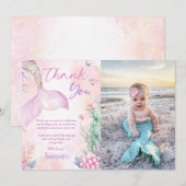 Pink Mermaid 1st Birthday Oneder The Sea Photo Bedankkaart (Voorkant / Achterkant)