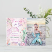 Pink Mermaid 1st Birthday Oneder the Sea Photo Kaart (Staand voorkant)