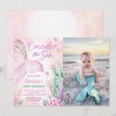 Pink Mermaid 1st Birthday Oneder the Sea Photo Kaart (Voorkant / Achterkant)