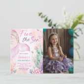 Pink Mermaid 5th Birthday Five the Sea Photo Kaart (Staand voorkant)