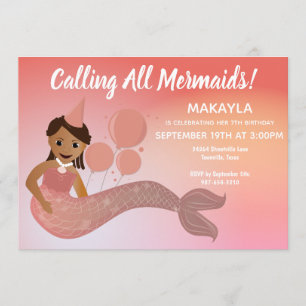 Pink Mermaid African American Birthday Party Kaart