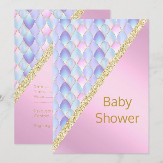 PINK Mermaid BABY SHOWER INVITATION Gold Kaart (Voorkant / Achterkant)