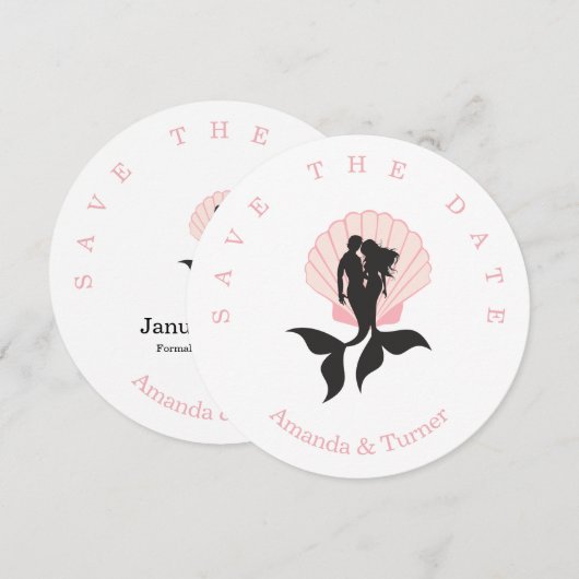 Pink Mermaids Couple on a Seashell Design Save The Date (Voorkant / Achterkant)