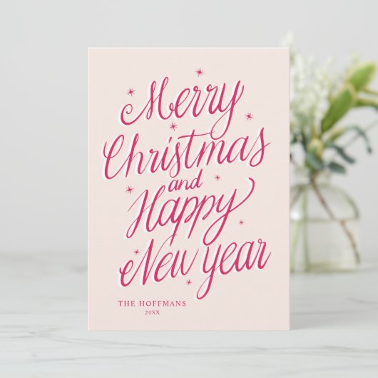 Pink Merry Christmas and Happy New Year signature Feestdagenkaart (Staand voorkant)