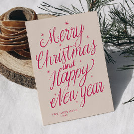 Pink Merry Christmas and Happy New Year signature Feestdagenkaart