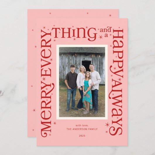 Pink Merry Everything and a Happy Always Feestdagenkaart (Voorkant / Achterkant)