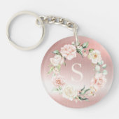 Pink Metallic Floral Monogram Elegant Rozen Sleutelhanger (Voorkant)