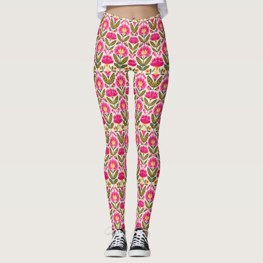 Pink Mexican Talavera Flowers BOHO Chic Floral  Leggings (Voorkant)