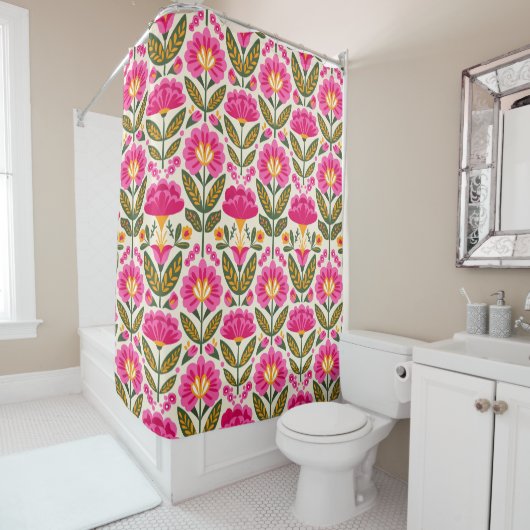 Pink Mexican Talavera Flowers Floral Pattern Retro Douchegordijn (In situ)