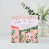 Pink Mexican Town Destination Wedding Save The Date (Staand voorkant)