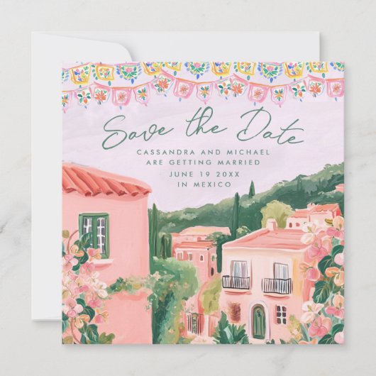 Pink Mexican Town Destination Wedding Save The Date (Voorkant)
