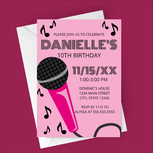 Pink Microphone Kids Birthday Invitation Kaart