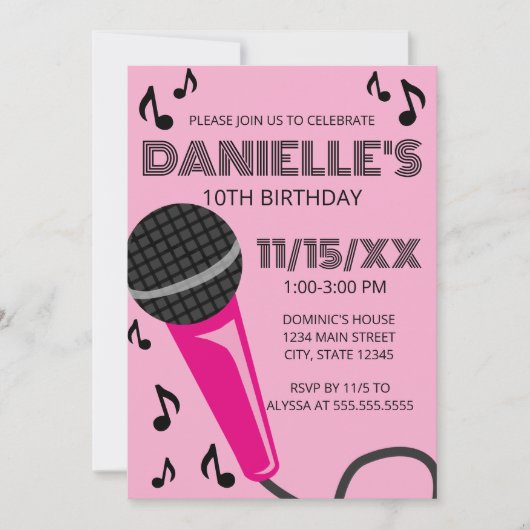 Pink Microphone Kids Birthday Invitation Kaart (Voorkant)