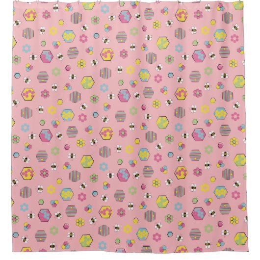 Pink Mideeuw Retro Honey Bee Pattern Douchegordijn (Voorkant)