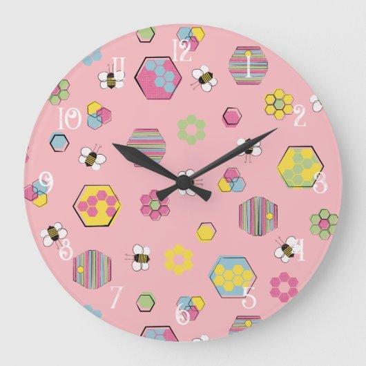 Pink Mideeuw Retro Honey Bee Pattern Grote Klok (Voorkant)