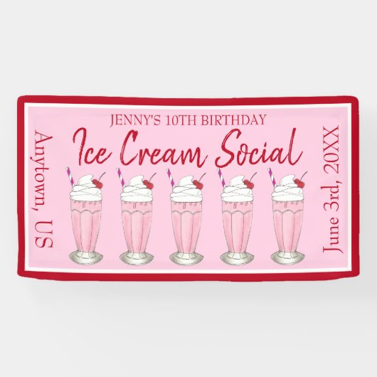 Pink Milkshake Ice Cream Social Birthday Party Spandoek (Horizontaal)