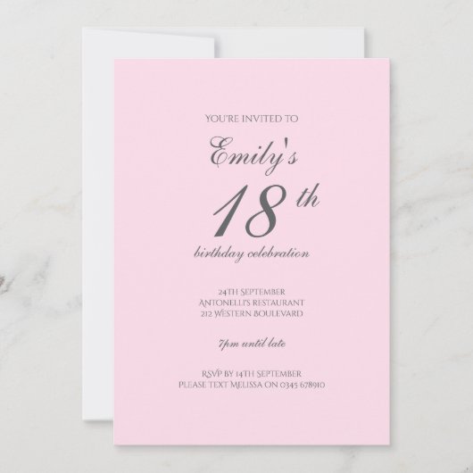 Pink Minimalist 18th Birthday Party Invitation Kaart (Voorkant)