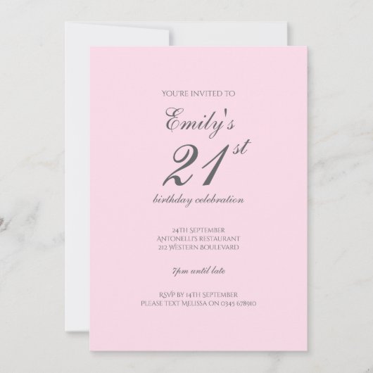 Pink Minimalist 21st Birthday Party Invitation Kaart (Voorkant)