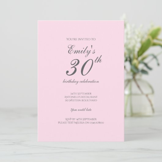 Pink Minimalist 30th Birthday Party Invitation Kaart (Staand voorkant)