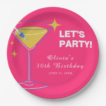 Pink Minimalist Cocktail 30th Birthday Paper Plate