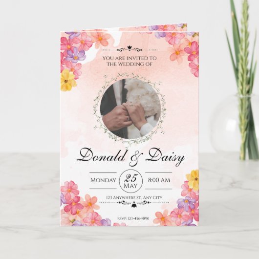 Pink Minimalist Floral Wedding Invitation Card Kaart (Voorkant)