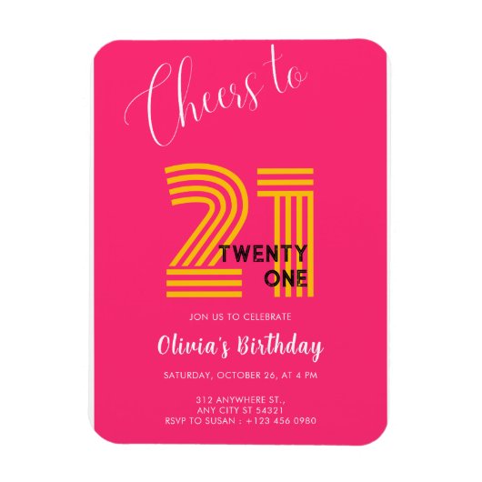 Pink Minimalist Girly 21st Birthday Invitation Magneet (Verticaal)