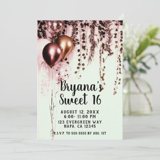 Pink Mink Roos Gold Lights Rustic Ivy Sweet 16 Kaart (Staand voorkant)