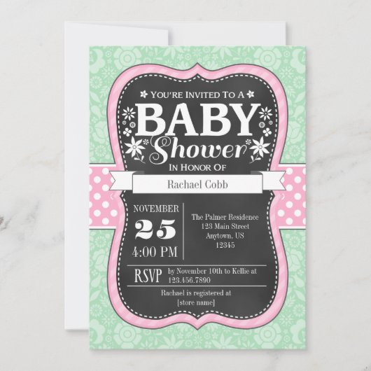Pink Mint Chalkboard Floral Baby shower Invite Kaart (Voorkant)