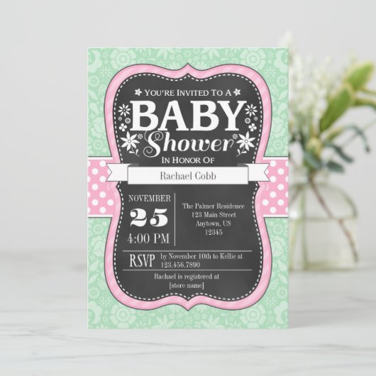 Pink Mint Chalkboard Floral Baby shower Invite Kaart (Staand voorkant)