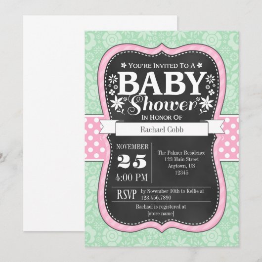 Pink Mint Chalkboard Floral Baby shower Invite Kaart (Voorkant / Achterkant)