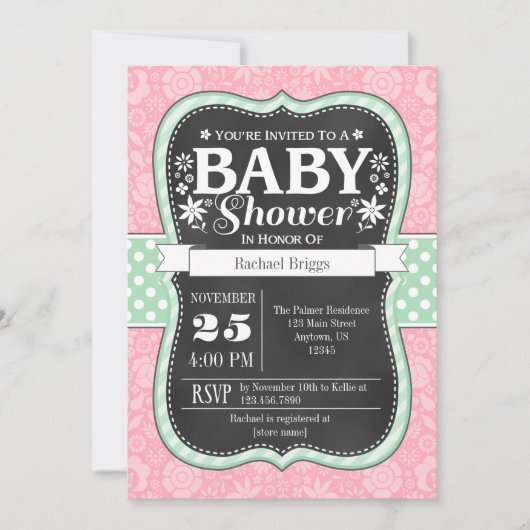 Pink Mint Chalkboard Floral Baby shower Invite Kaart (Voorkant)