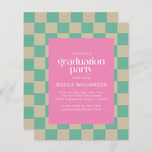 Pink Mint Checkerboard Graduparty van budget (Voorkant / Achterkant)