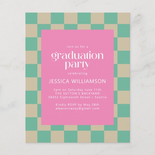 Pink Mint Checkerboard Graduparty van budget (Voorkant)