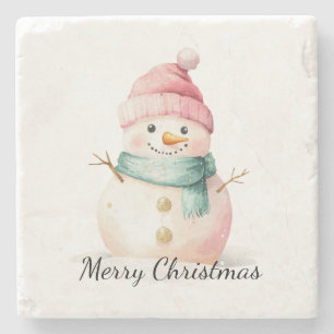 Pink Mint Christmas Snowman Stenen Onderzetter