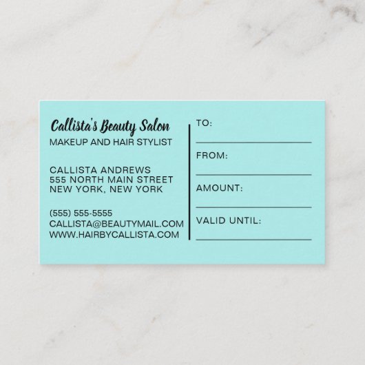 Pink Mint Glitter Typografie Cadeaubon Visitekaartje (Achterkant)