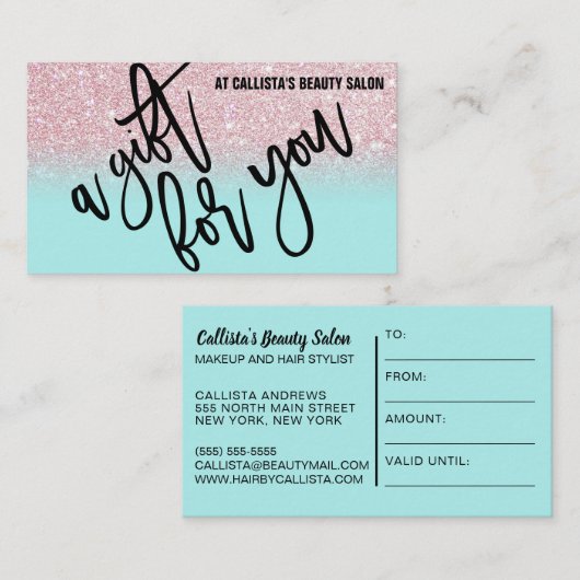 Pink Mint Glitter Typografie Cadeaubon Visitekaartje (Voorkant / Achterkant)