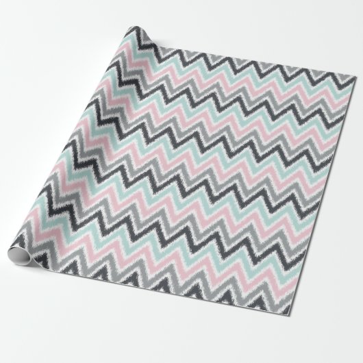 Pink Mint Gray Zigzags Ikat Pattern Cadeaupapier (Uitgerold)