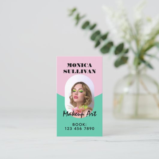 Pink mint green minimalist makeup visitekaartje (Staand voorkant)