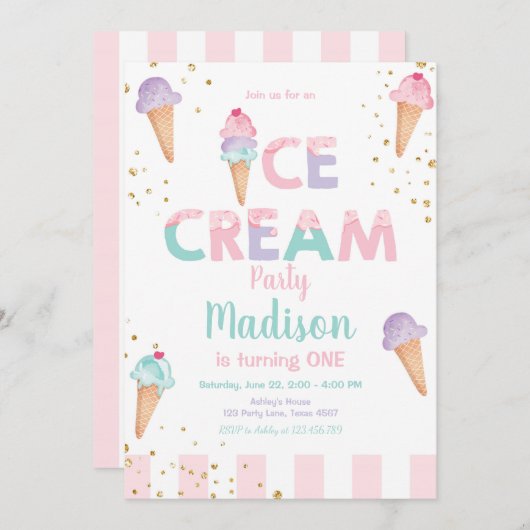 Pink Mint Ice Cream Cone Confetti Verjaardagsuitno Kaart (Voorkant / Achterkant)