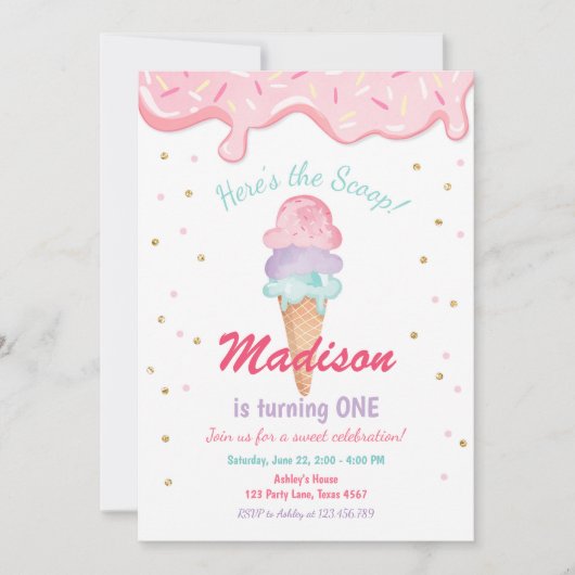 Pink Mint Ice Cream Cone Confetti Verjaardagsuitno Kaart (Voorkant)