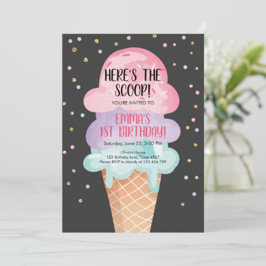 Pink Mint Ice Cream Cone Confetti Verjaardagsuitno Kaart (Staand voorkant)