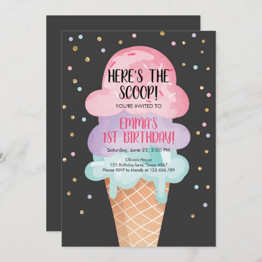 Pink Mint Ice Cream Cone Confetti Verjaardagsuitno Kaart (Voorkant / Achterkant)