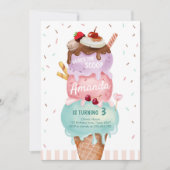 Pink Mint Ice Cream Cone Scoop Verjaardag Uitnodig Kaart (Voorkant)