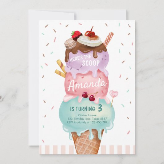 Pink Mint Ice Cream Cone Scoop Verjaardag Uitnodig Kaart (Voorkant)